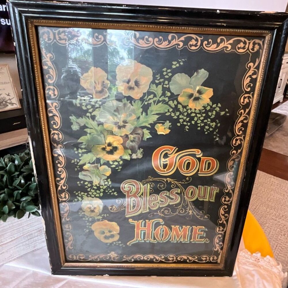 Incredible Antique God Bless Our Home Framed Print, flowers black frame - Picture 3 of 9